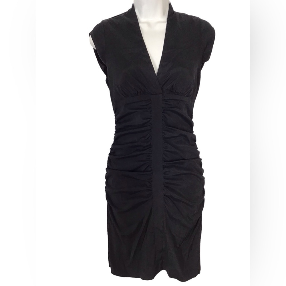 Cache Black Ruched V Neck Short Sleeve Dress Size 2